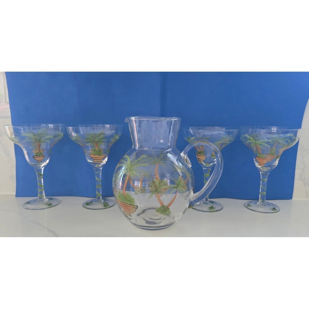Tropical Hand Painted Palm Tree Margarita Glass and Pitcher 5 Piece Set Clear